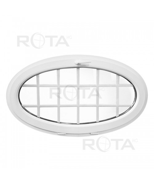 Ventana ovalada oscilante 1350x800 de PVC blanco con barrotillos ingléses