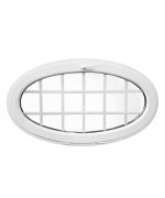 Ventana ovalada oscilante 1350x800 de PVC blanco con barrotillos ingléses