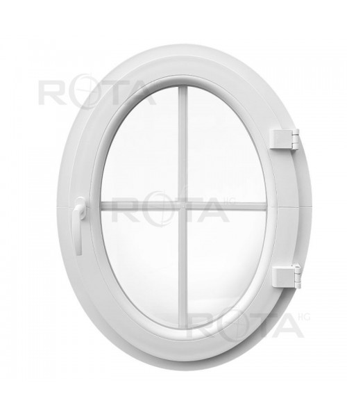 Ventana ovalada batiente de PVC blanco con barrotillos ingléses