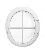 Ventana ovalada batiente de PVC blanco con barrotillos ingléses