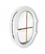 Ventana ovalada batiente de PVC blanco con barrotillos ingléses