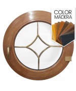 Ventana redonda practicable de PVC color madera con barrotillos motivo diamante 