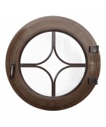 Ventana redonda practicable de PVC color madera con barrotillos motivo diamante 