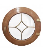 Ventana redonda practicable de PVC color madera con barrotillos motivo diamante 