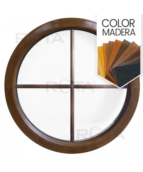 Ventana redonda fija de PVC color imitación madera con barrotillos