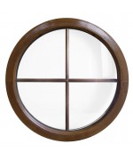 Ventana redonda fija de PVC color imitación madera con barrotillos