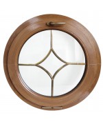 Ventana redonda oscilante de PVC color imitación madera con barrotillos especiales