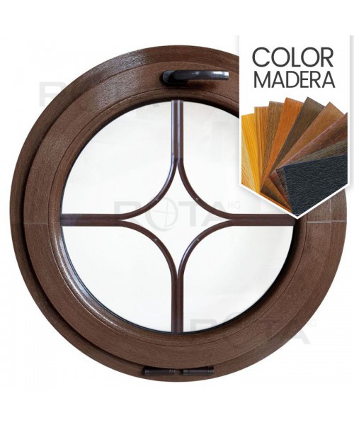 Ventana redonda oscilante de PVC color imitación madera con barrotillos especiales