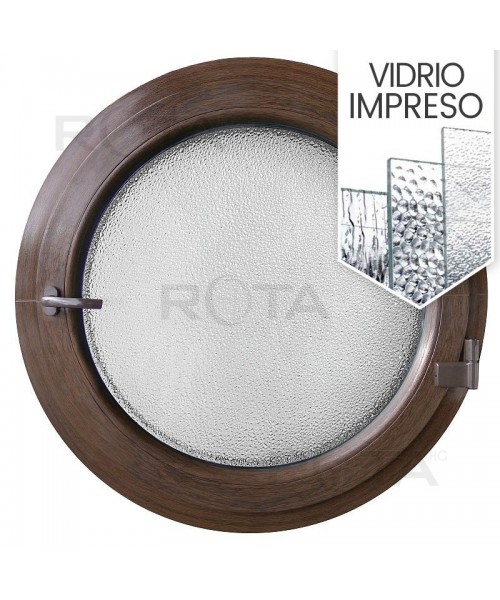 Ventana redonda practicable de PVC color imitación madera con vidrio texturizado 