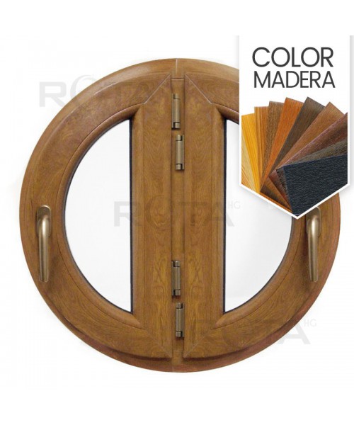 Ventana redonda batiente doble hoja de PVC color imitación madera