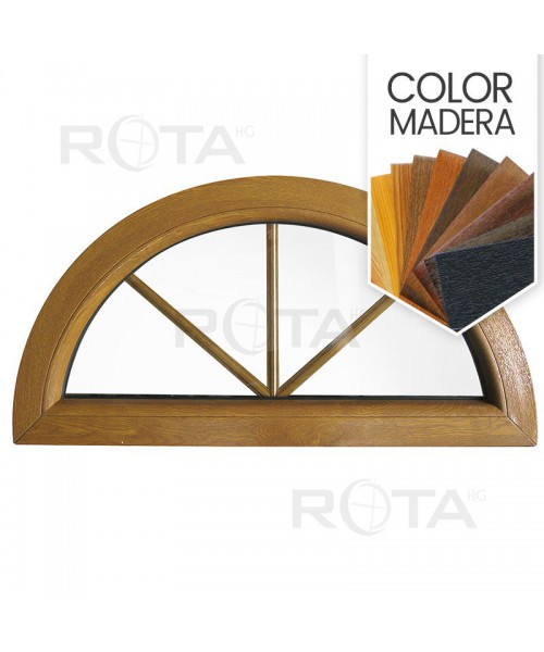 Ventana semi redonda fija de PVC color imitación madera con barrotillos ingléses
