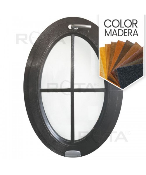 Ventana ovalada oscilante de PVC color imitación madera con barrotillos pegados