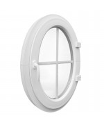 Ventana ovalada batiente de PVC blanco con barrotillos ingléses