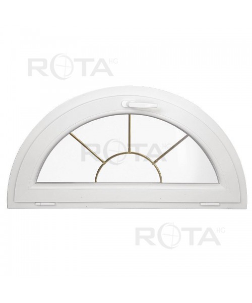 Ventana semi redonda oscilante de PVC blanco con barrotillos motivo sol