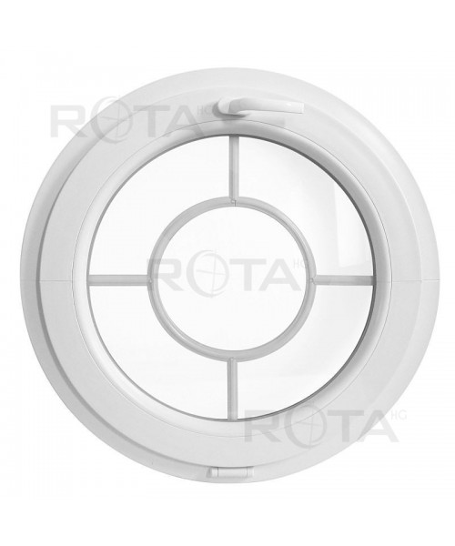 Ventana redonda oscilante de PVC blanco con barrotillos motivo objetivo