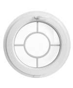 Ventana redonda oscilante de PVC blanco con barrotillos motivo objetivo
