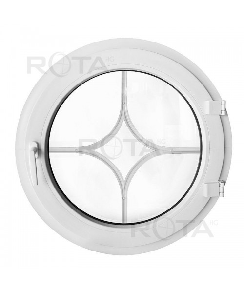 Ventana redonda practicable de PVC blanco con barrotillos motivo diamante