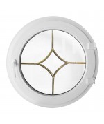 Ventana redonda practicable de PVC blanco con barrotillos motivo diamante