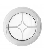 Ventana redonda practicable de PVC blanco con barrotillos motivo diamante