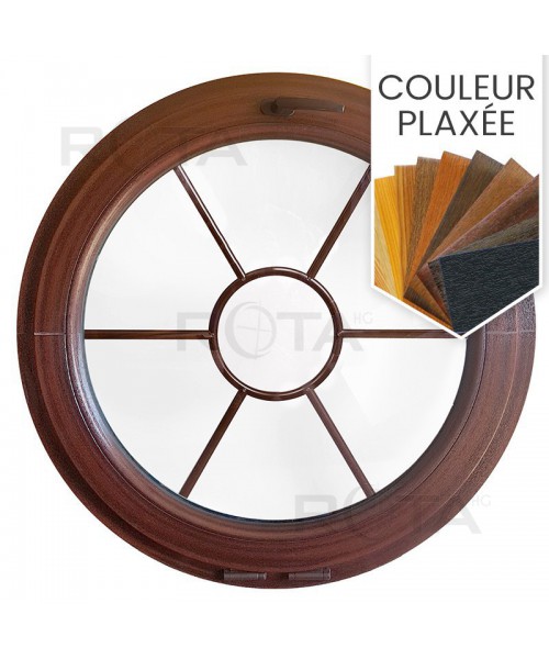 Fenêtre ronde à soufflet en couleur bois avec les croisillons motif soleil