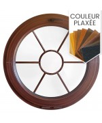 Fenêtre ronde à soufflet en couleur bois avec les croisillons motif soleil