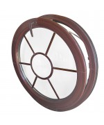 Fenêtre ronde à soufflet en couleur bois avec les croisillons motif soleil