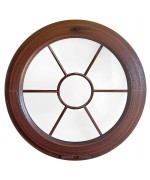 Fenêtre ronde à soufflet en couleur bois avec les croisillons motif soleil