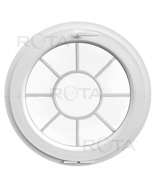 Ventana redonda oscilante de PVC blanco con barrotillos motivo sol
