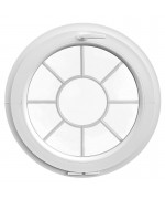 Ventana redonda oscilante de PVC blanco con barrotillos motivo sol