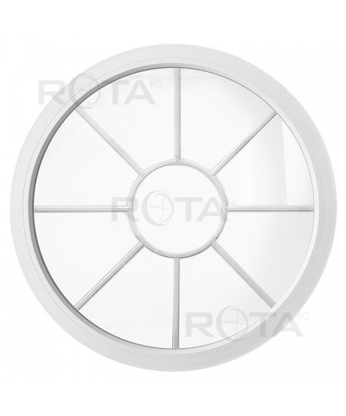 Ventana redonda fija de PVC blanco con barrotillos motivo sol