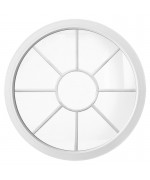 Ventana redonda fija de PVC blanco con barrotillos motivo sol